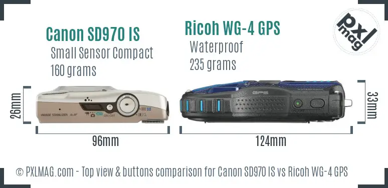 Canon SD970 IS vs Ricoh WG-4 GPS top view buttons comparison Canon SD970 IS vs Ricoh WG-4 GPS top view buttons comparison