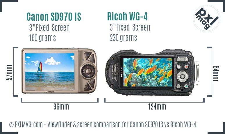 Canon SD970 IS vs Ricoh WG-4 Screen and Viewfinder comparison