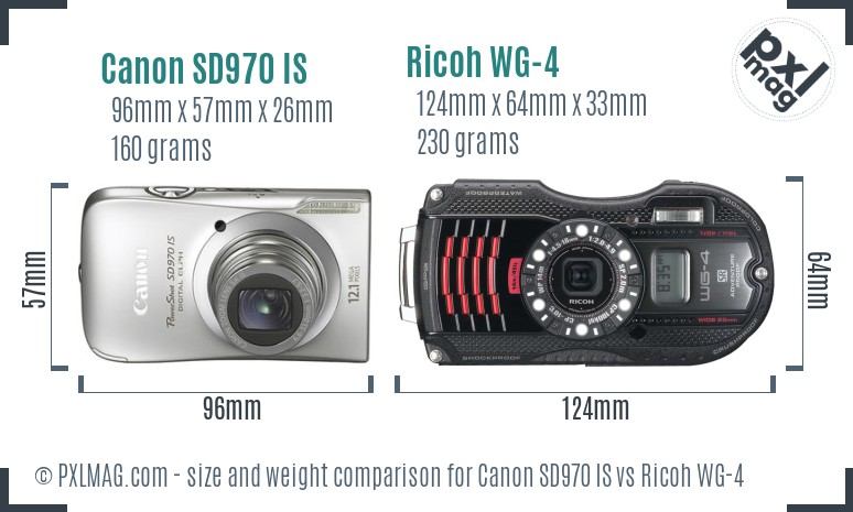 Canon SD970 IS vs Ricoh WG-4 size comparison