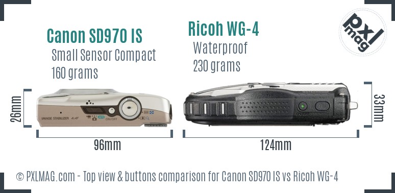 Canon SD970 IS vs Ricoh WG-4 top view buttons comparison