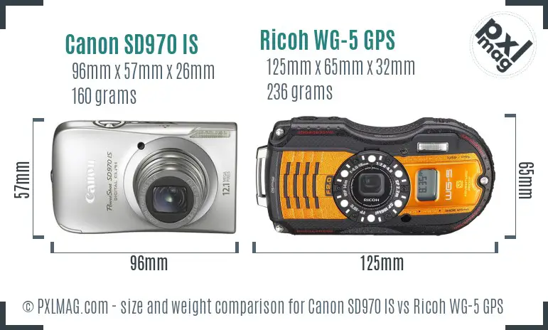 Canon SD970 IS vs Ricoh WG-5 GPS size comparison