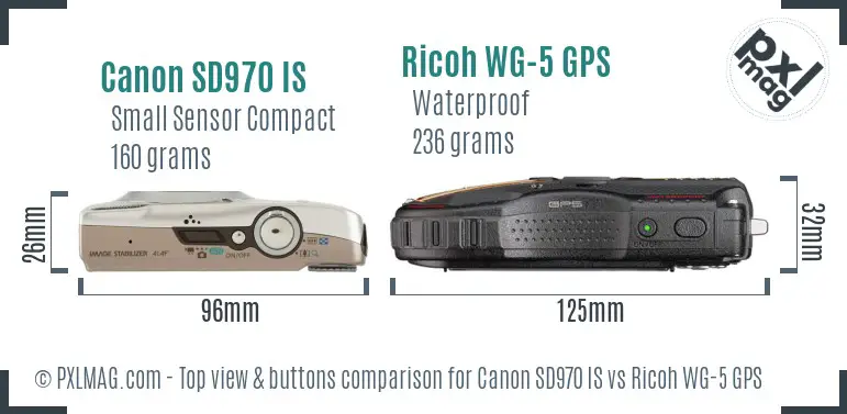 Canon SD970 IS vs Ricoh WG-5 GPS top view buttons comparison