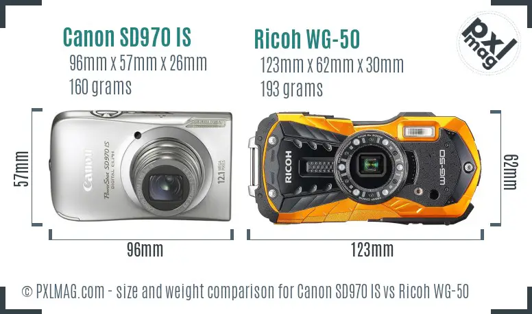 Canon SD970 IS vs Ricoh WG-50 size comparison