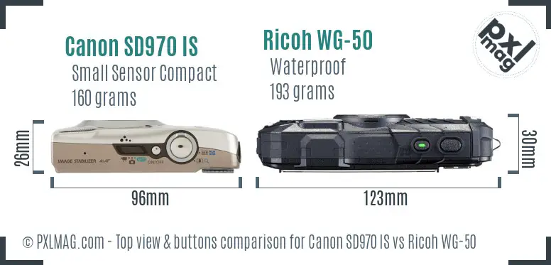 Canon SD970 IS vs Ricoh WG-50 top view buttons comparison