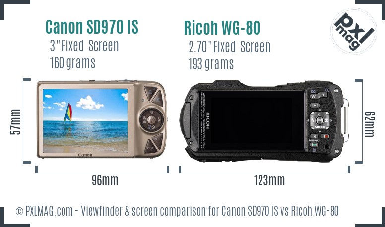 Canon SD970 IS vs Ricoh WG-80 Screen and Viewfinder comparison