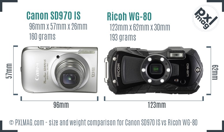 Canon SD970 IS vs Ricoh WG-80 size comparison Canon SD970 IS vs Ricoh WG-80 size comparison