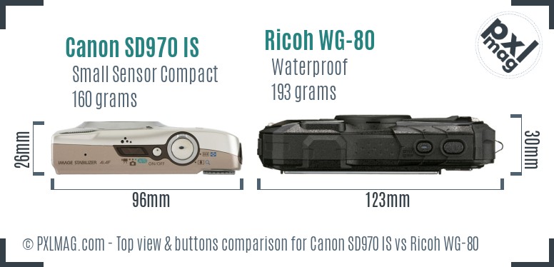 Canon SD970 IS vs Ricoh WG-80 top view buttons comparison
