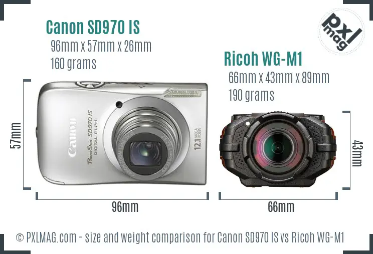 Canon SD970 IS vs Ricoh WG-M1 size comparison