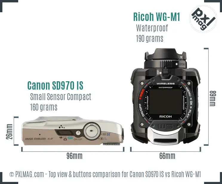 Canon SD970 IS vs Ricoh WG-M1 top view buttons comparison