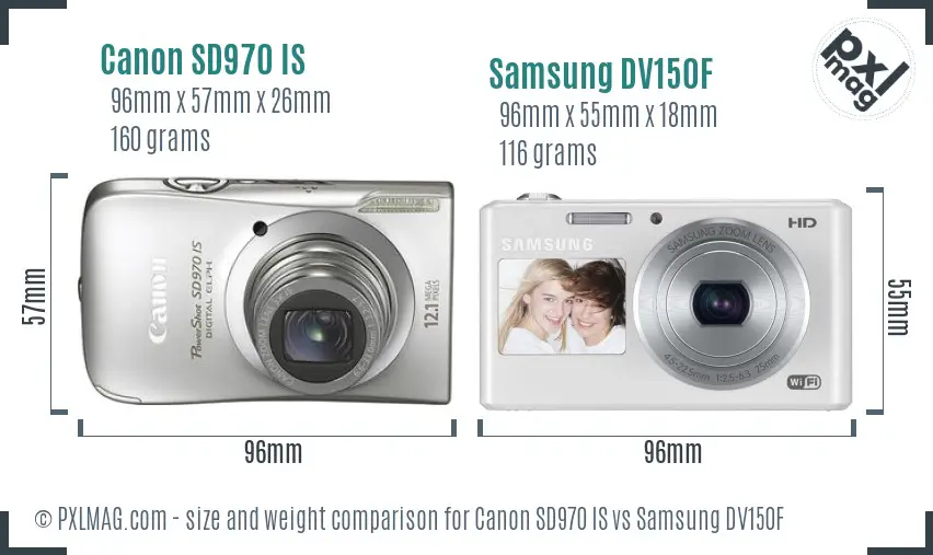 Canon SD970 IS vs Samsung DV150F size comparison Canon SD970 IS vs Samsung DV150F size comparison