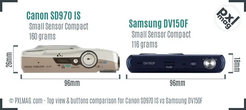 Canon SD970 IS vs Samsung DV150F top view buttons comparison Canon SD970 IS vs Samsung DV150F top view buttons comparison