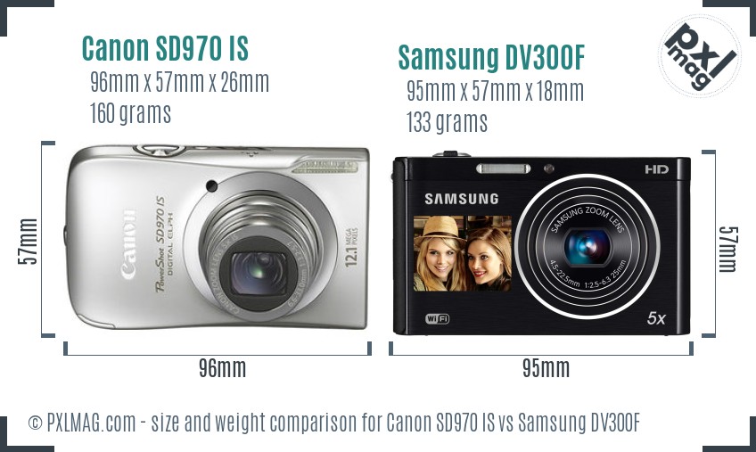 Canon SD970 IS vs Samsung DV300F size comparison