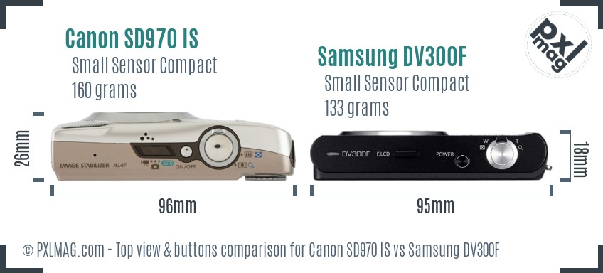 Canon SD970 IS vs Samsung DV300F top view buttons comparison