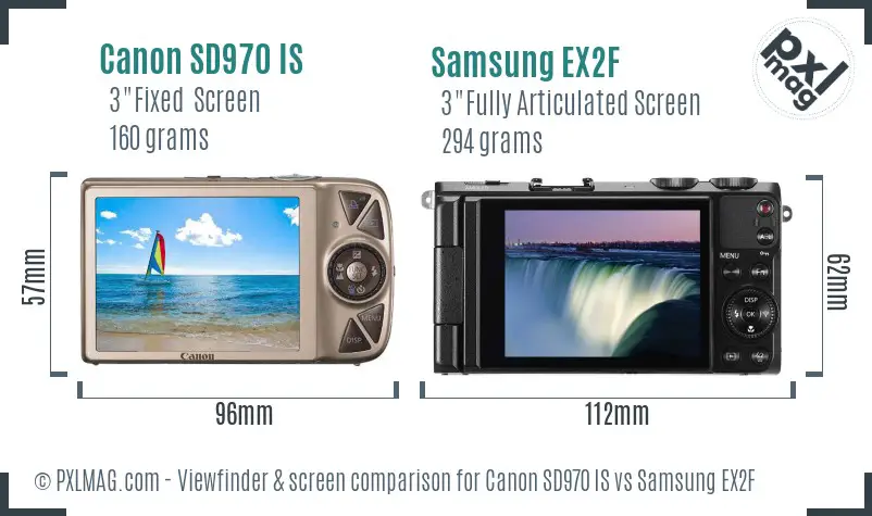 Canon SD970 IS vs Samsung EX2F Screen and Viewfinder comparison