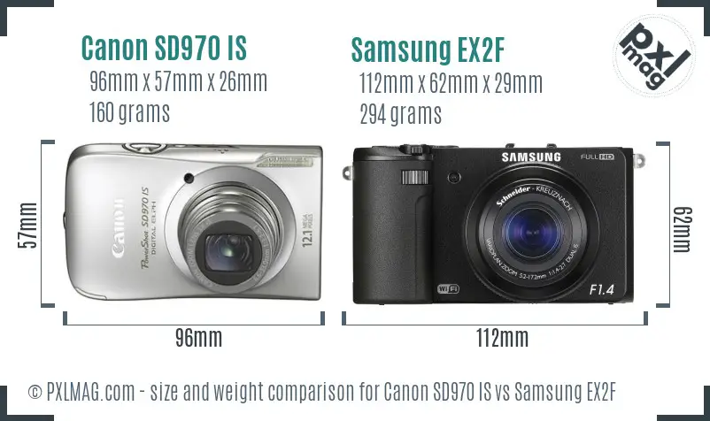 Canon SD970 IS vs Samsung EX2F size comparison
