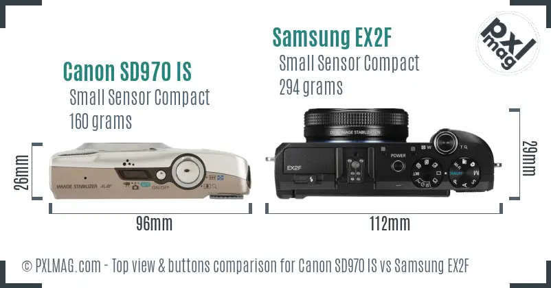 Canon SD970 IS vs Samsung EX2F top view buttons comparison