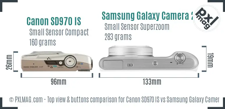 Canon SD970 IS vs Samsung Galaxy Camera 2 top view buttons comparison