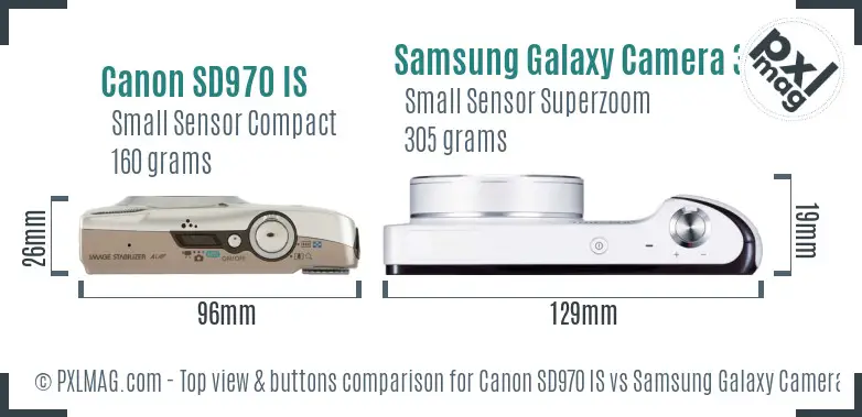 Canon SD970 IS vs Samsung Galaxy Camera 3G top view buttons comparison