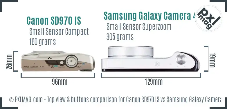 Canon SD970 IS vs Samsung Galaxy Camera 4G top view buttons comparison