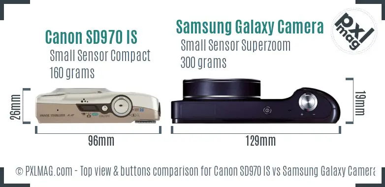 Canon SD970 IS vs Samsung Galaxy Camera top view buttons comparison