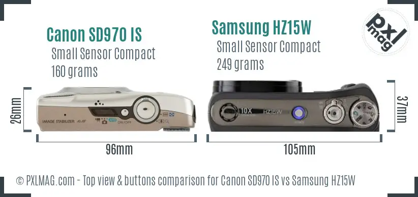 Canon SD970 IS vs Samsung HZ15W top view buttons comparison Canon SD970 IS vs Samsung HZ15W top view buttons comparison