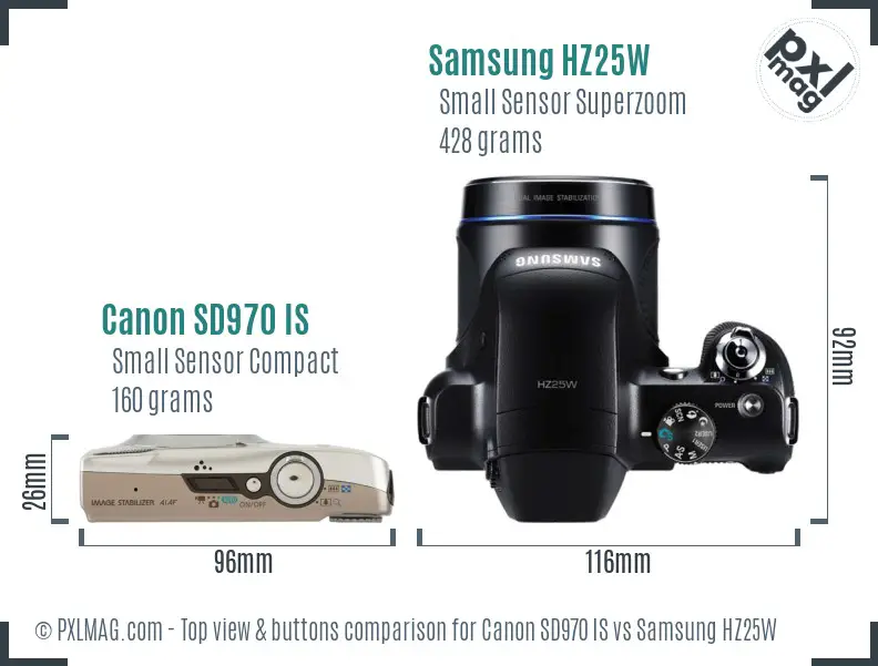 Canon SD970 IS vs Samsung HZ25W top view buttons comparison Canon SD970 IS vs Samsung HZ25W top view buttons comparison