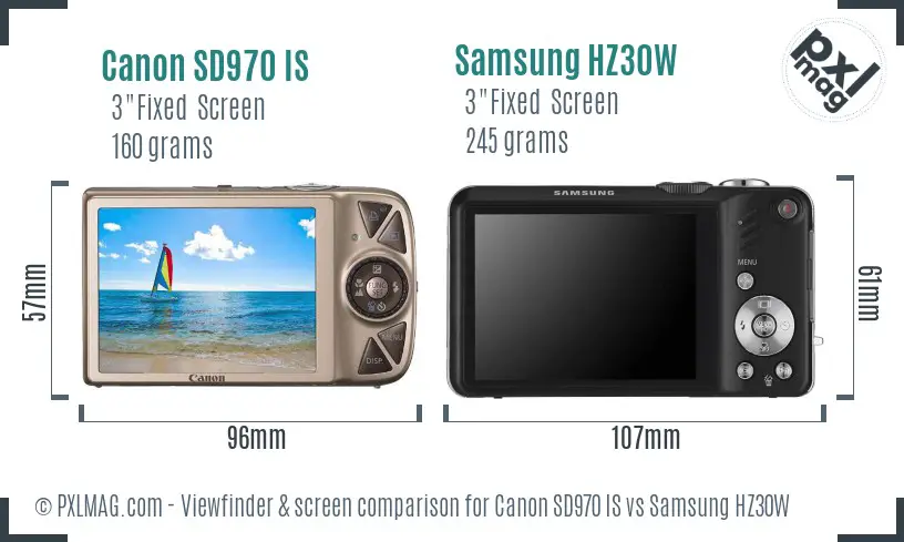 Canon SD970 IS vs Samsung HZ30W Screen and Viewfinder comparison