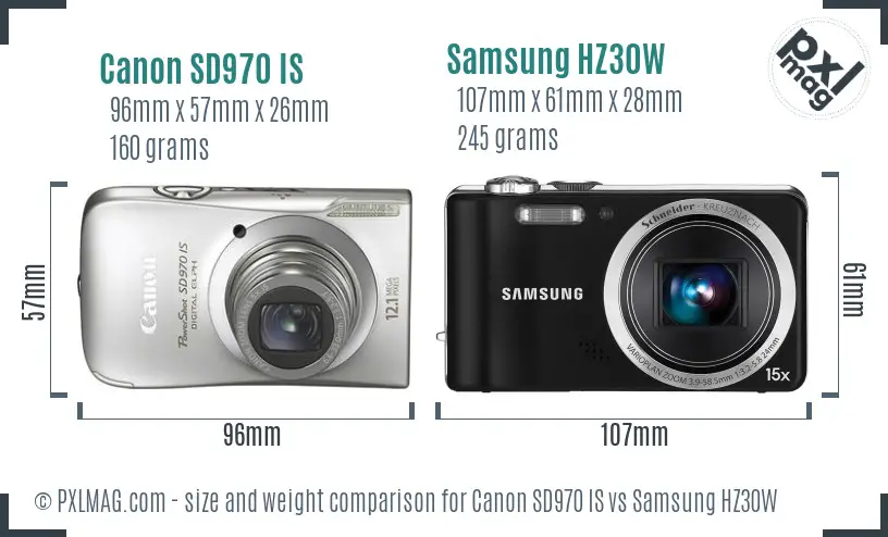Canon SD970 IS vs Samsung HZ30W size comparison