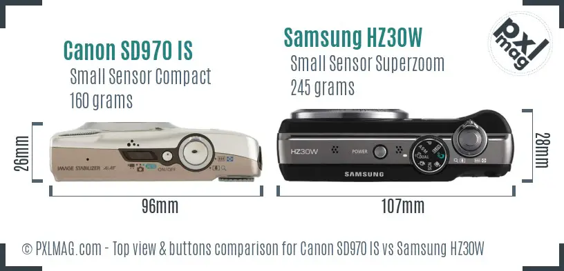 Canon SD970 IS vs Samsung HZ30W top view buttons comparison