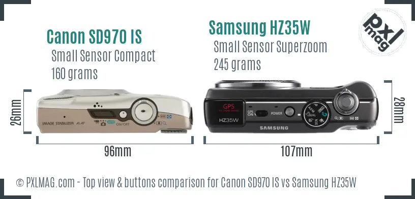 Canon SD970 IS vs Samsung HZ35W top view buttons comparison