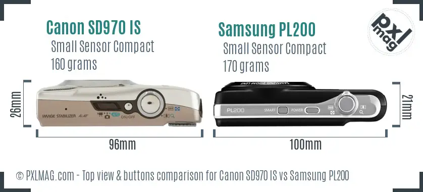 Canon SD970 IS vs Samsung PL200 top view buttons comparison