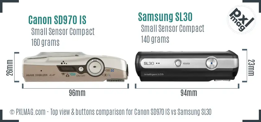 Canon SD970 IS vs Samsung SL30 top view buttons comparison