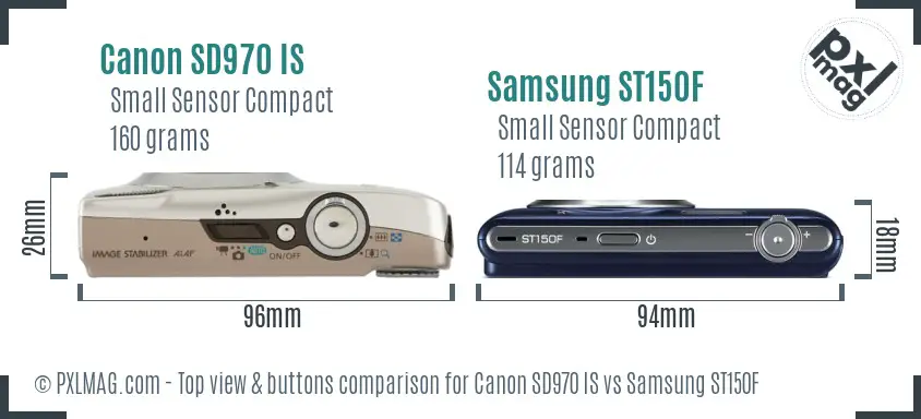 Canon SD970 IS vs Samsung ST150F top view buttons comparison Canon SD970 IS vs Samsung ST150F top view buttons comparison