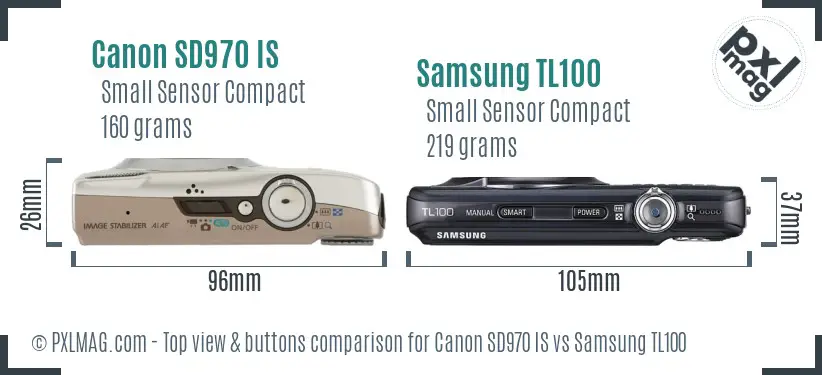 Canon SD970 IS vs Samsung TL100 top view buttons comparison Canon SD970 IS vs Samsung TL100 top view buttons comparison