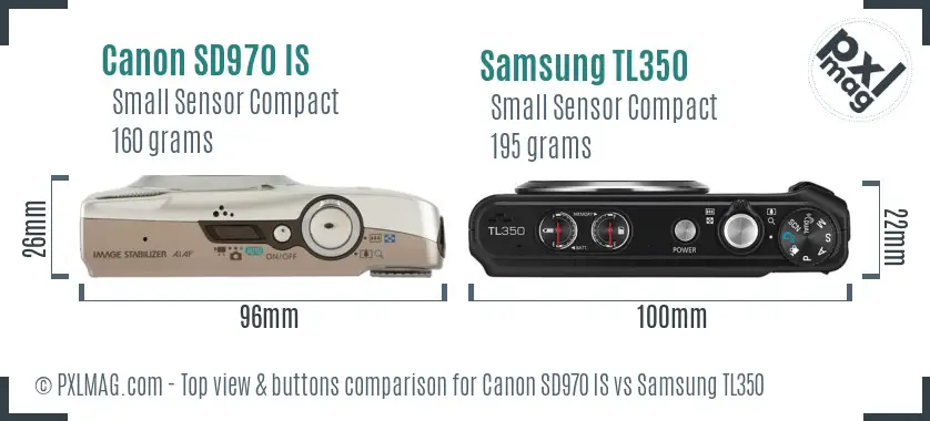 Canon SD970 IS vs Samsung TL350 top view buttons comparison