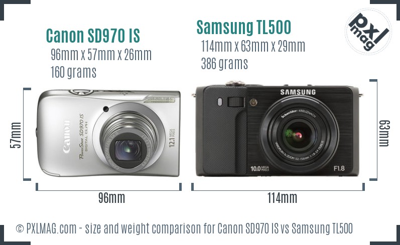 Canon SD970 IS vs Samsung TL500 size comparison
