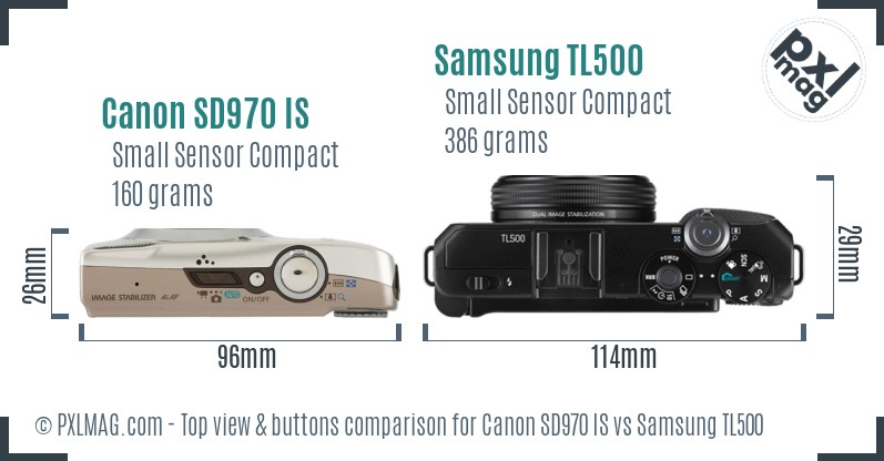 Canon SD970 IS vs Samsung TL500 top view buttons comparison