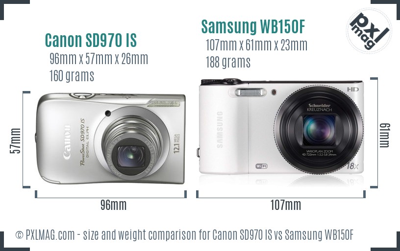 Canon SD970 IS vs Samsung WB150F size comparison
