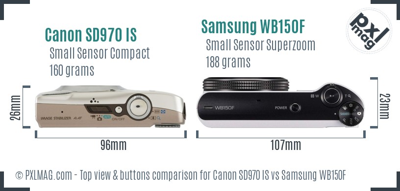 Canon SD970 IS vs Samsung WB150F top view buttons comparison