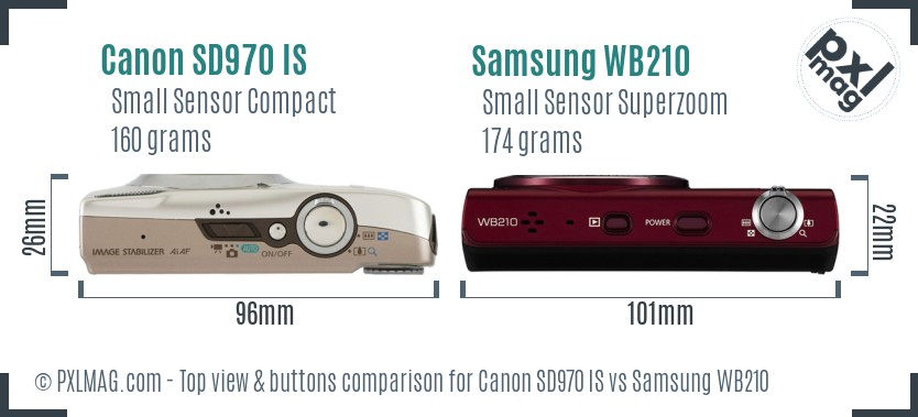 Canon SD970 IS vs Samsung WB210 top view buttons comparison