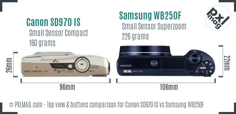Canon SD970 IS vs Samsung WB250F top view buttons comparison Canon SD970 IS vs Samsung WB250F top view buttons comparison