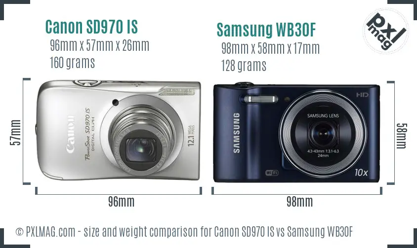 Canon SD970 IS vs Samsung WB30F size comparison