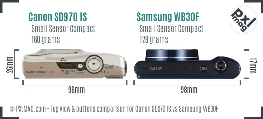 Canon SD970 IS vs Samsung WB30F top view buttons comparison