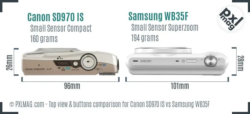 Canon SD970 IS vs Samsung WB35F top view buttons comparison Canon SD970 IS vs Samsung WB35F top view buttons comparison