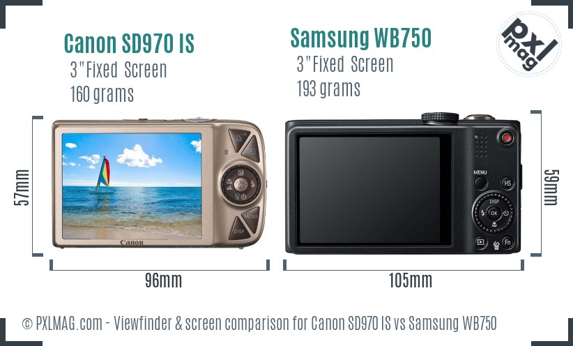 Canon SD970 IS vs Samsung WB750 Screen and Viewfinder comparison