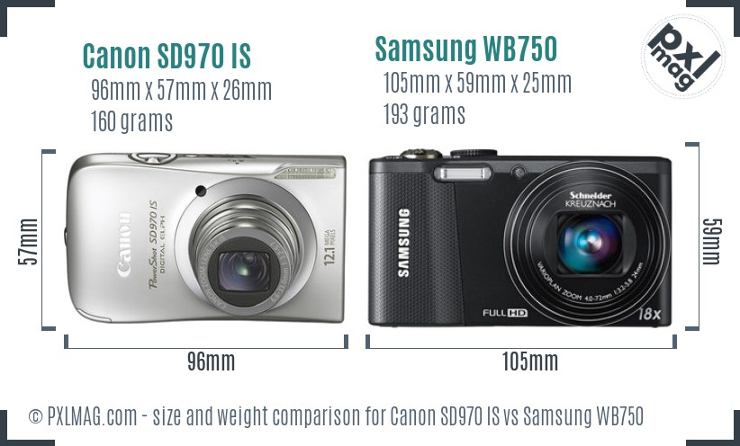 Canon SD970 IS vs Samsung WB750 size comparison