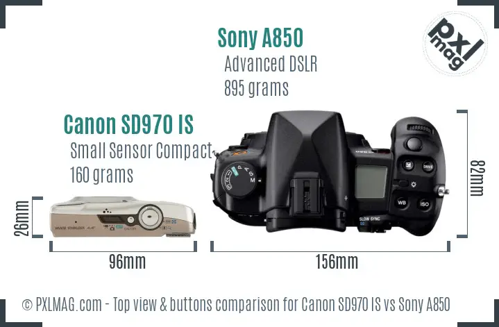 Canon SD970 IS vs Sony A850 top view buttons comparison