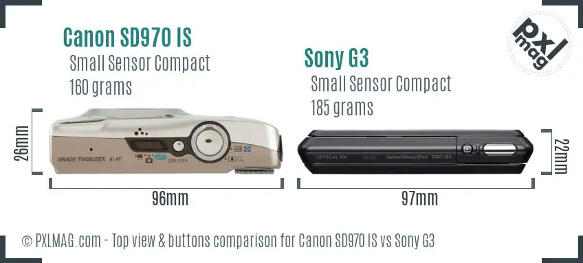 Canon SD970 IS vs Sony G3 top view buttons comparison