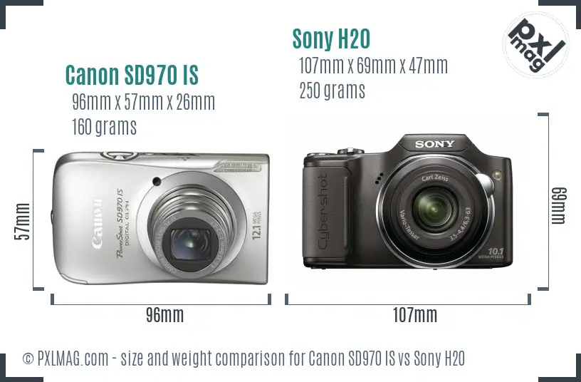 Canon SD970 IS vs Sony H20 size comparison