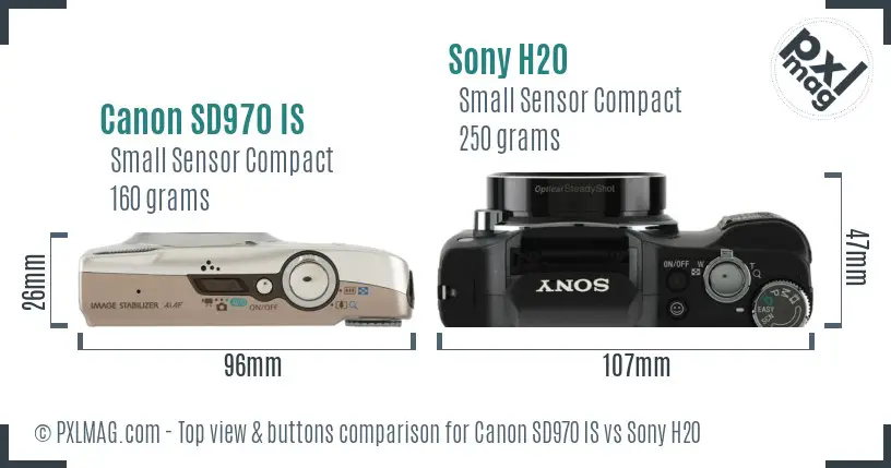 Canon SD970 IS vs Sony H20 top view buttons comparison